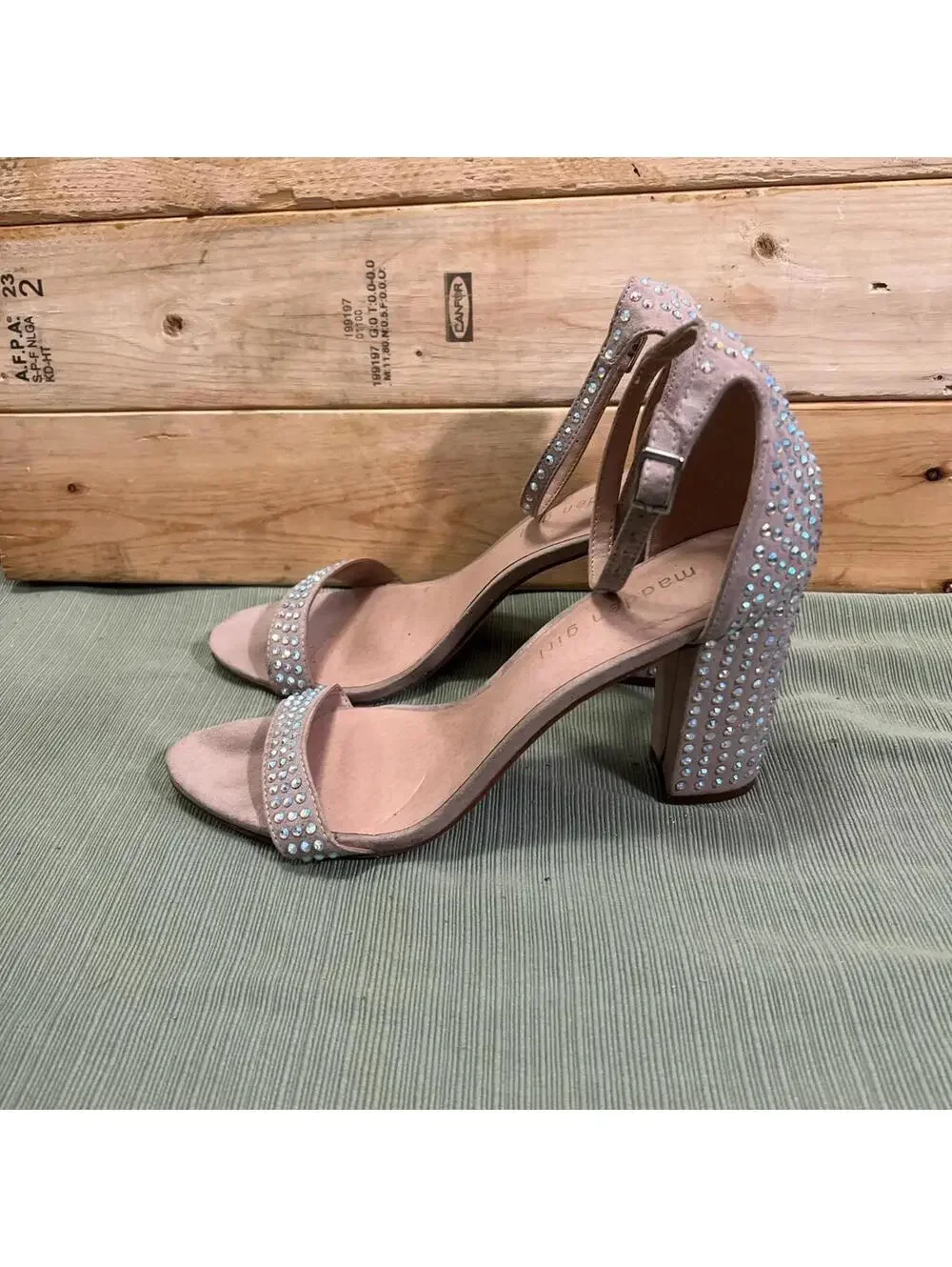 Madden Girl Beella Womens Tan Rhinestone Ankle Strap Heels Size 8.5 W